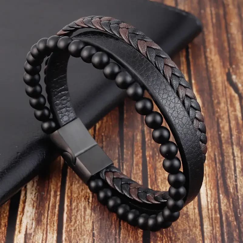 Bracelet en cuir tissé multicouche pour homme, en pierre volcanique naturelle, très populaire