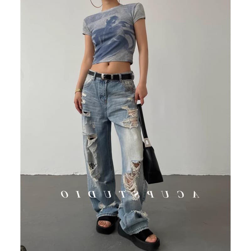 Women's Clothing High Street Hip Hop Ripped Old Retro High Street Jeans