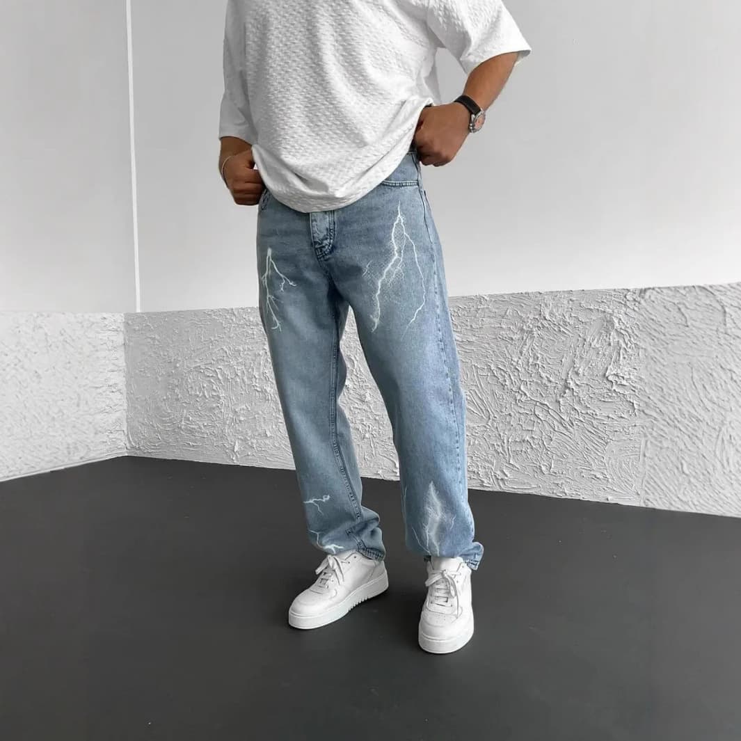 Men's Clothing Simple Straight Pants Printed Solid Color Loose Handsome Wide Leg Denim Trousers