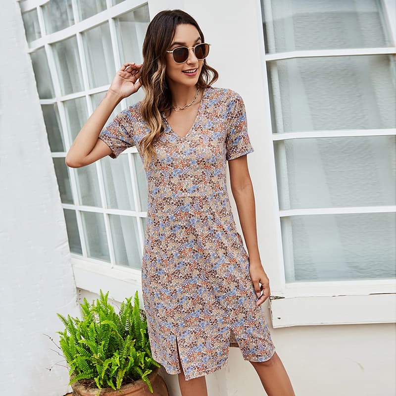 A-line Dress Sexy V-neck Elegant Temperament Dress Slim Fit Short Sleeve Double Split Women's Dress