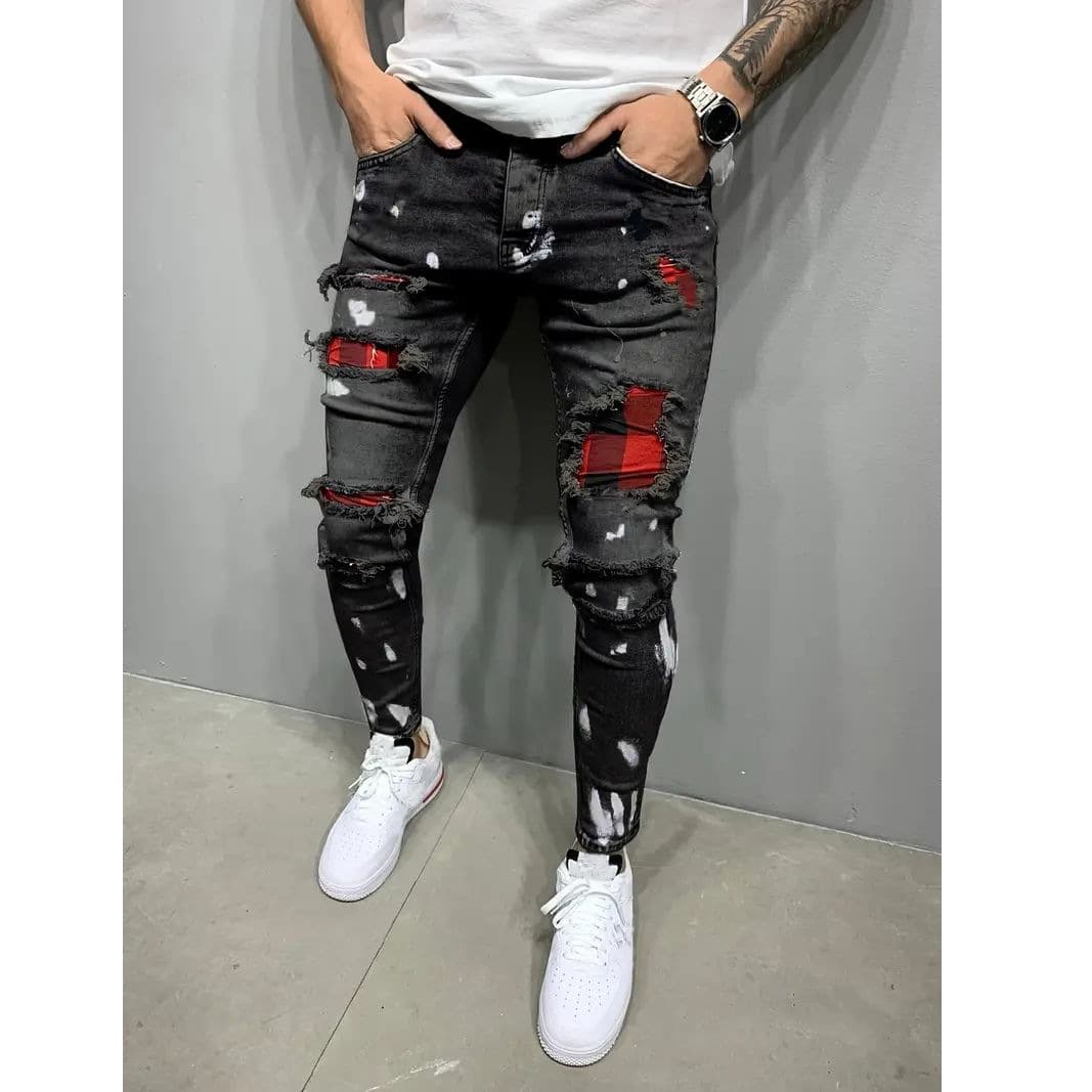 Men's Slim Fit Black Distressed Jeans – Stretch Cotton Skinny Denim Pants With Tapered Leg & Ripped Details For Streetwear