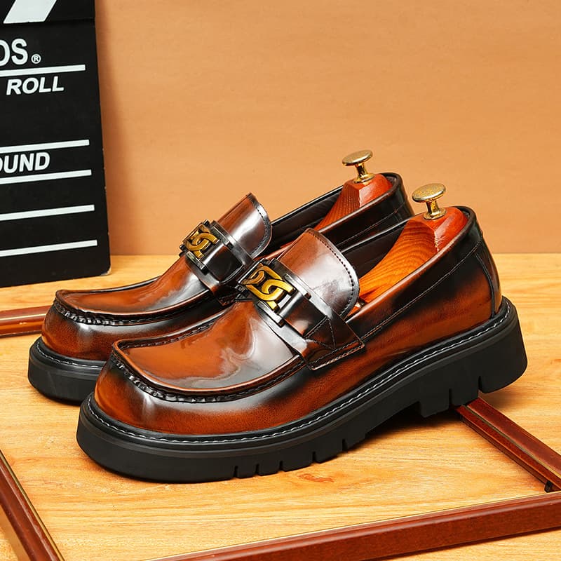 Big Toe Leather Shoes Men's Genuine Leather British Business Casual Platform Height Increasing Men's Shoes Glossy Square Toe Slip-on Formal Shoes