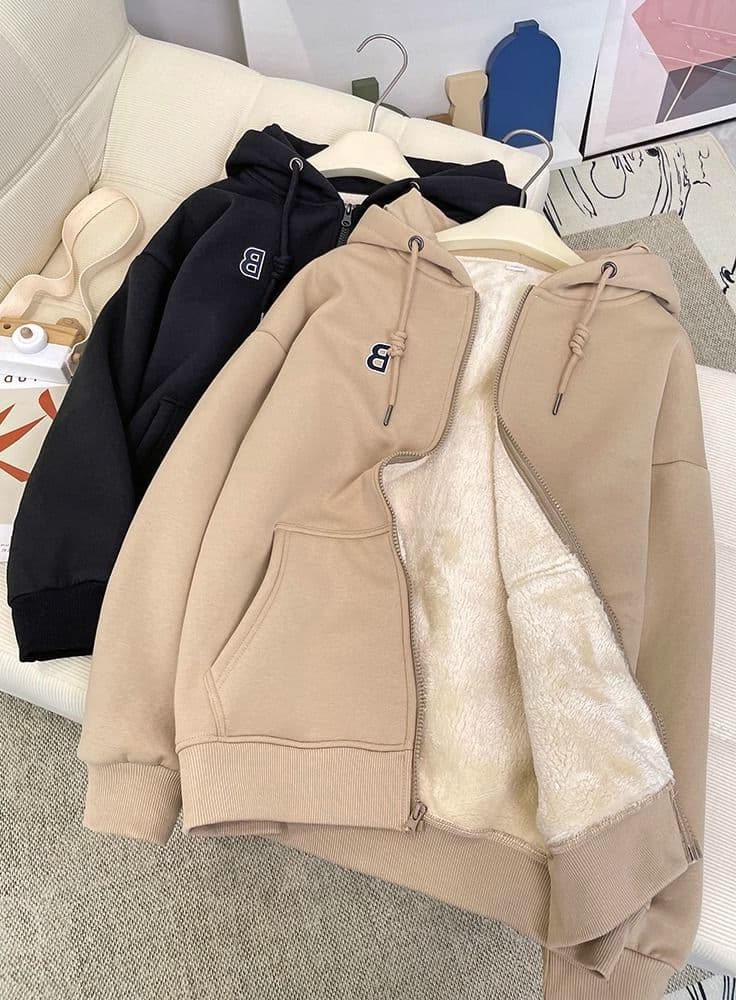 Women's Clothing Velvet Thickened Hooded Sherpa Sweatshirt For Women Women's Loose Warm Long-sleeved Cardigan Zipper Jacket