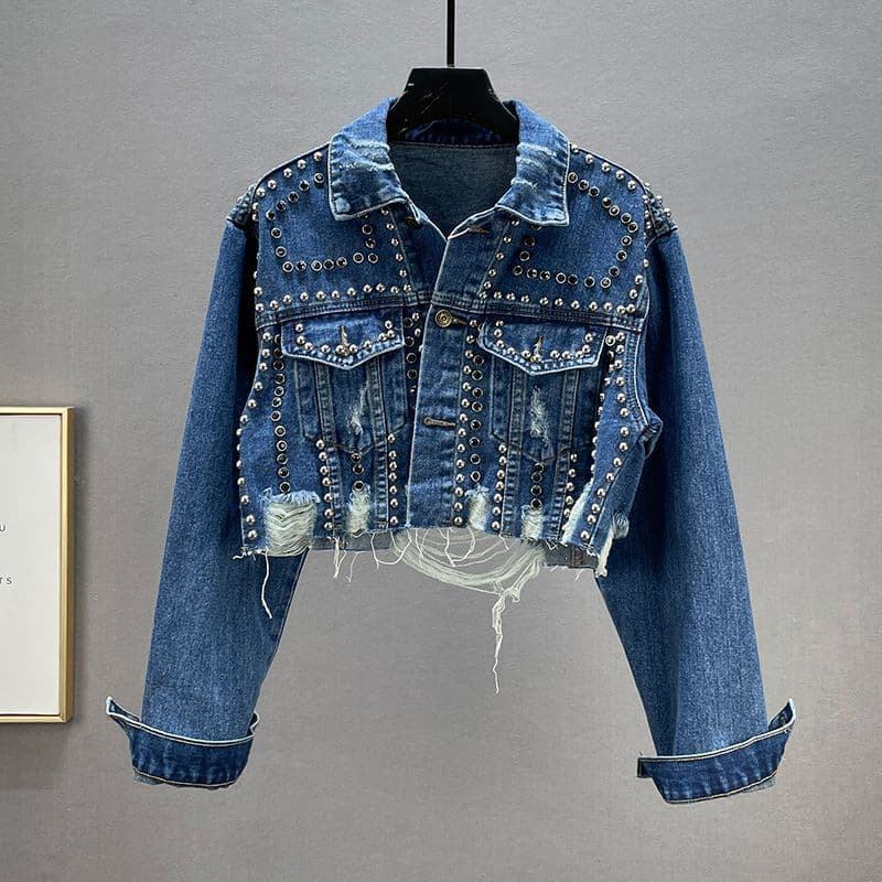 Women's Clothing heavy industry rivet diamond denim jacket women's worn beaded jacket top