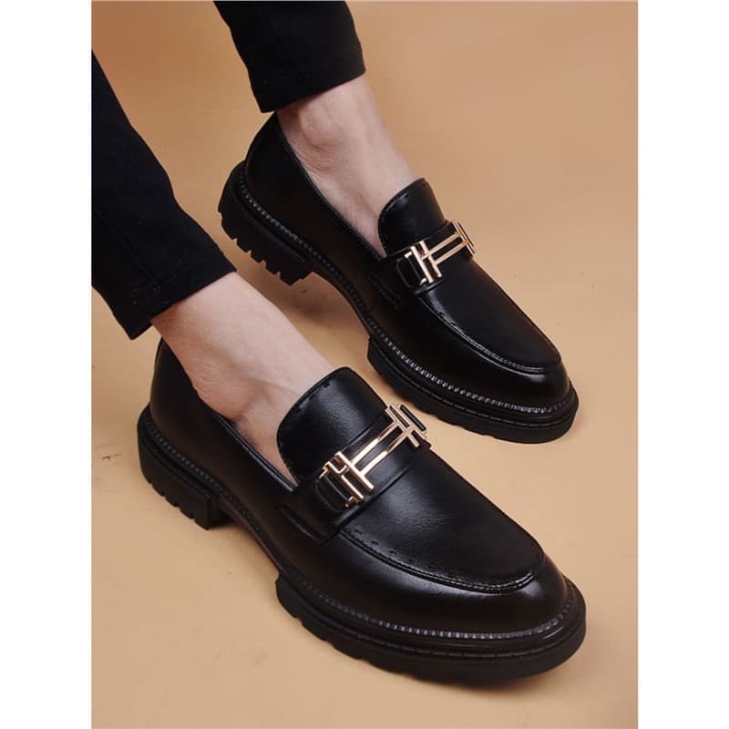 Euro Step New Thick-Soled Brogue Business Casual Height-Increasing Men's Leather Youth Breathable Slip-On Trendy British Pointed