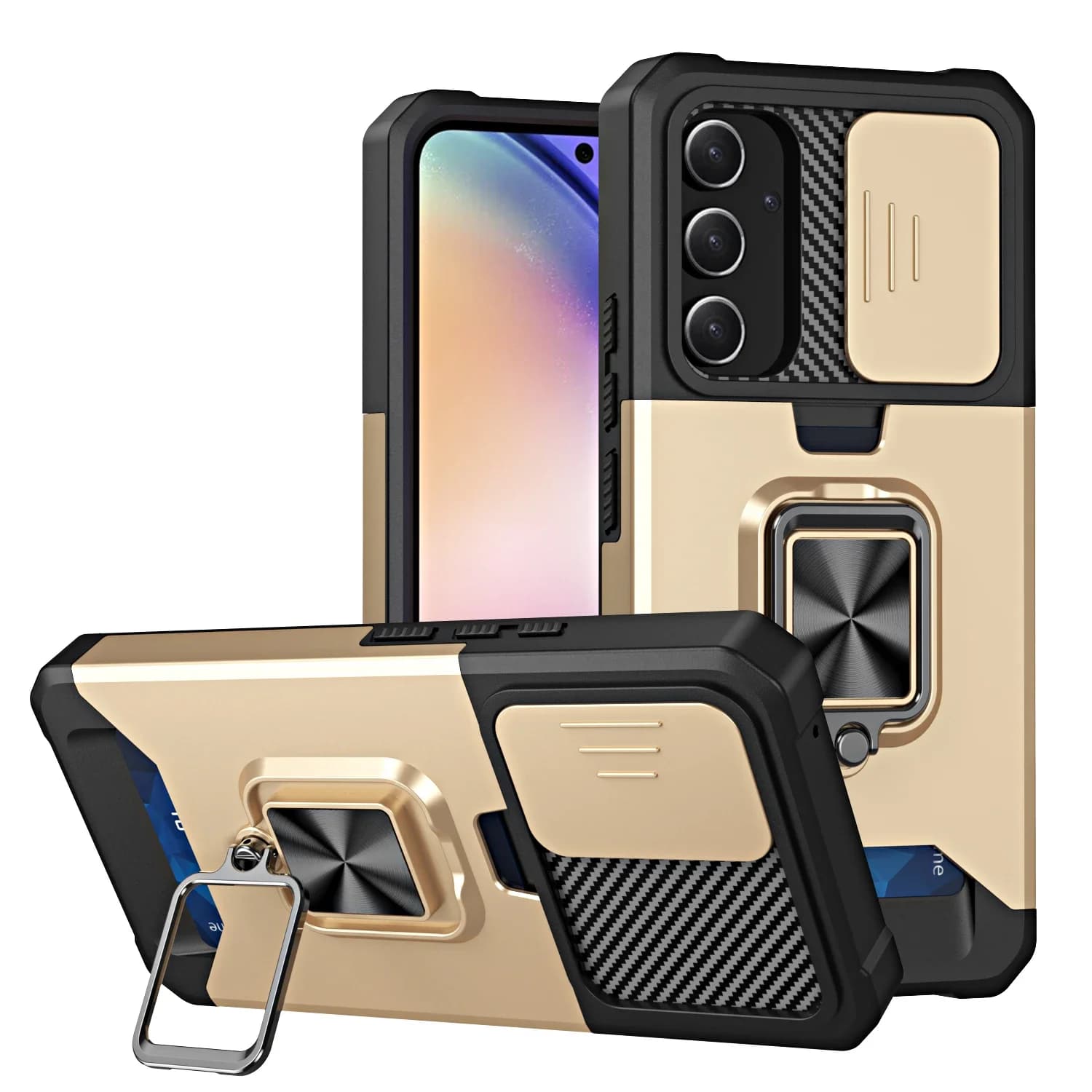Coque antichoc Armor pour Samsung Galaxy S25 Ultra Plus S24FE A16 A06 A55, support d'anneau coulissant, objectif d'appareil photo, fente pour carte,