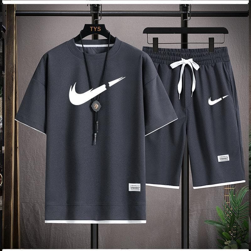 Gaufre T-shirt hommes deux pièces ensemble Couple ample mode grande taille 5/4 pantalon extérieur décontracté