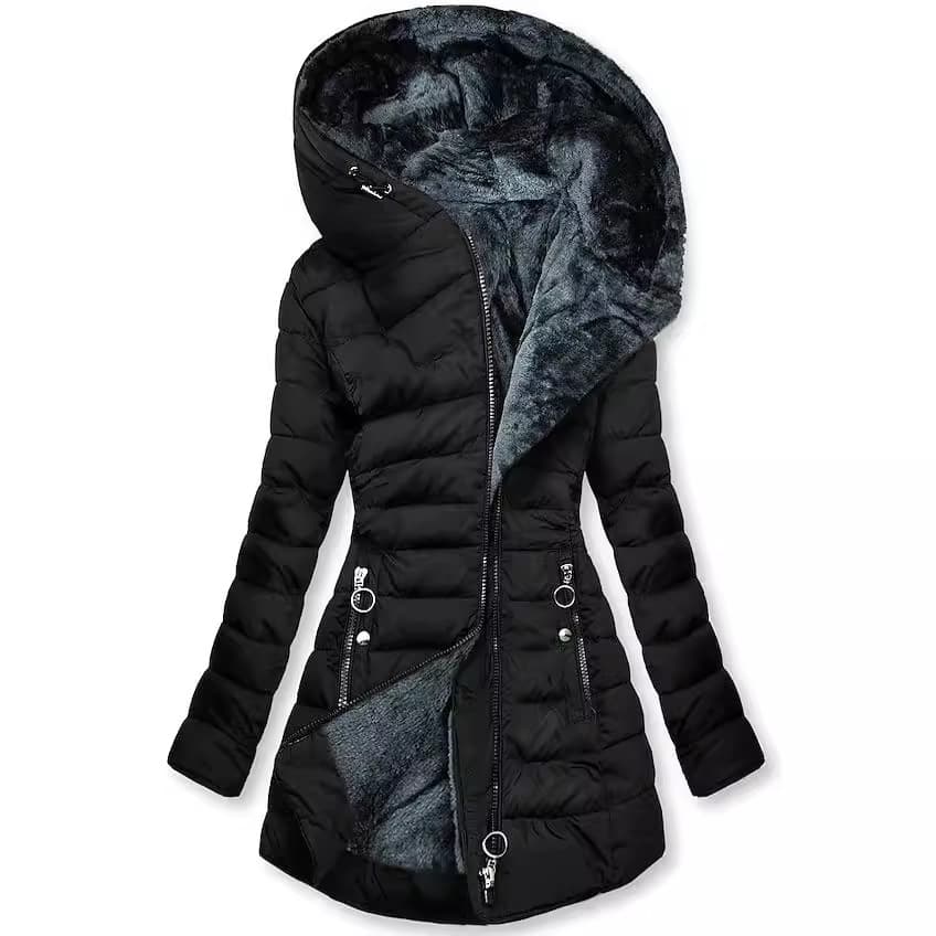 Women's Clothing hot selling hot plush hooded mid length diagonal zipper cotton coat for women
