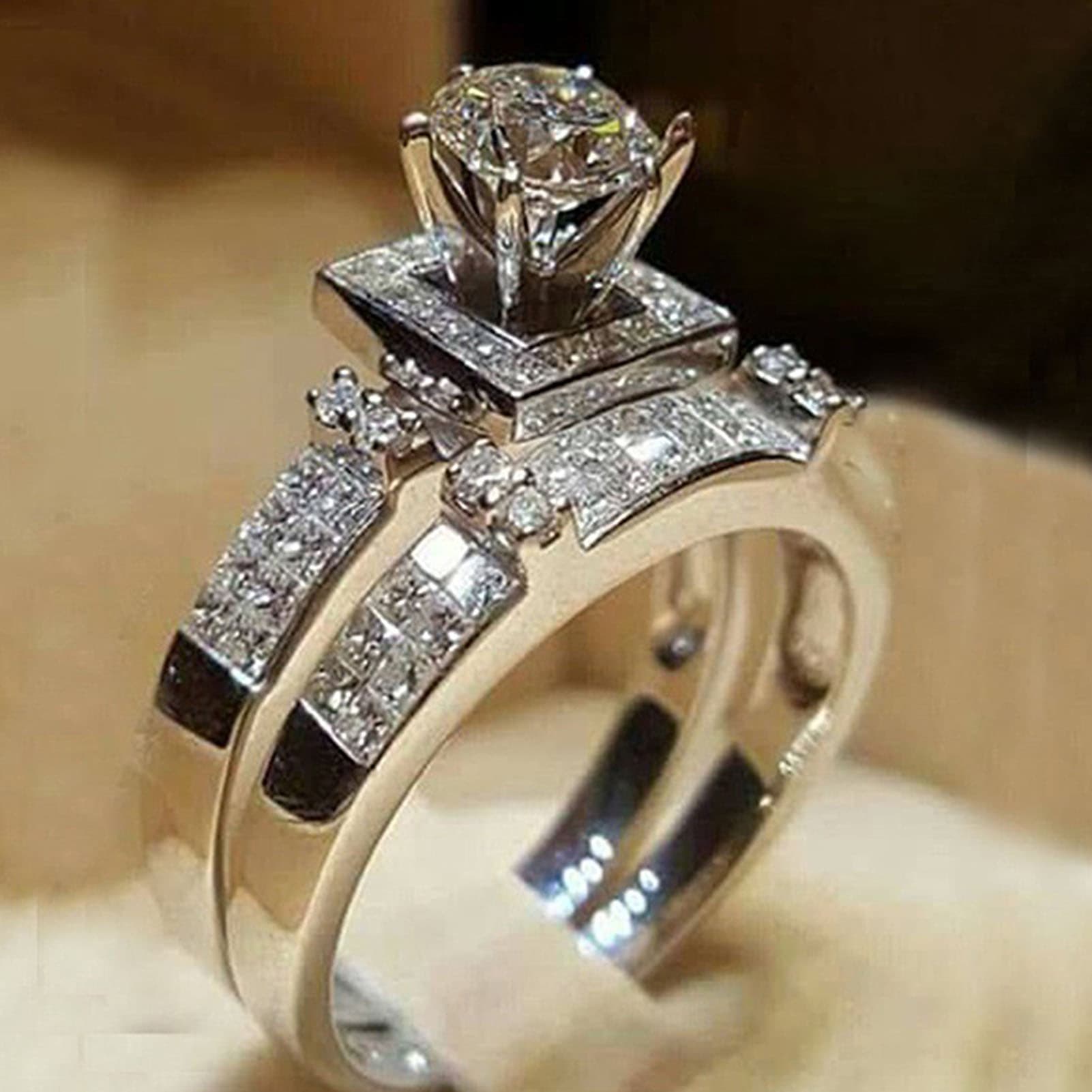Shuosbai 1 Pair Couple Rings Geometric Rhinestones Jewelry Exquisite Bright Luster Rings for Wedding