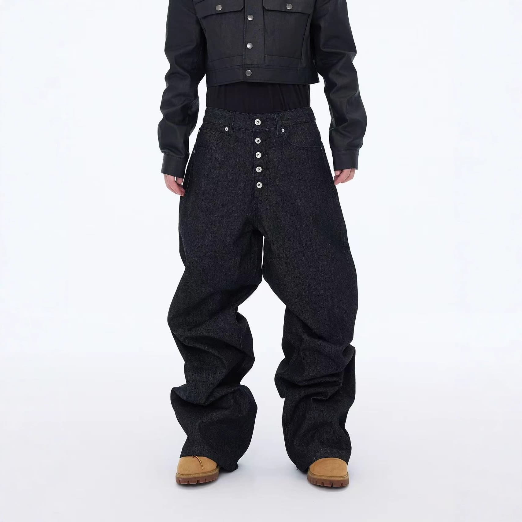 Vintage American Baggy Jeans For Men - Black Raw Denim Wide Leg Straight Fit With 5-Button Fly & Floor-Length Design