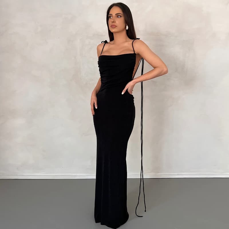 Women's Clothing Fashion Solid Color Sexy Open Back Slim Fit Lace up Dress