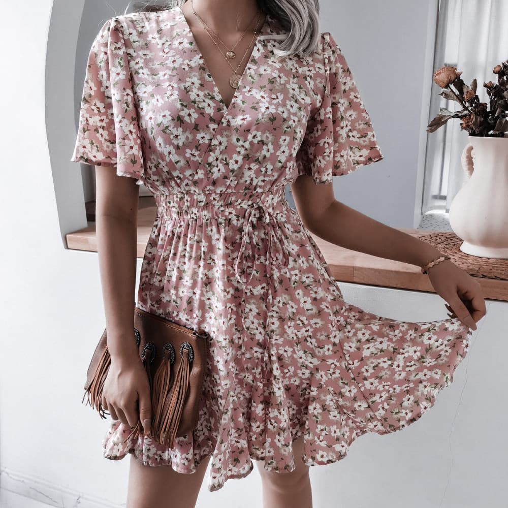 Summer Casual Short Sleeved V-neck Floral Ruffled Pleated Dress For Women
