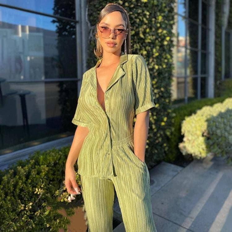 Women's Clothing Short-sleeved Shirt Elegant Pleated High Waist Wide-leg Pants Set