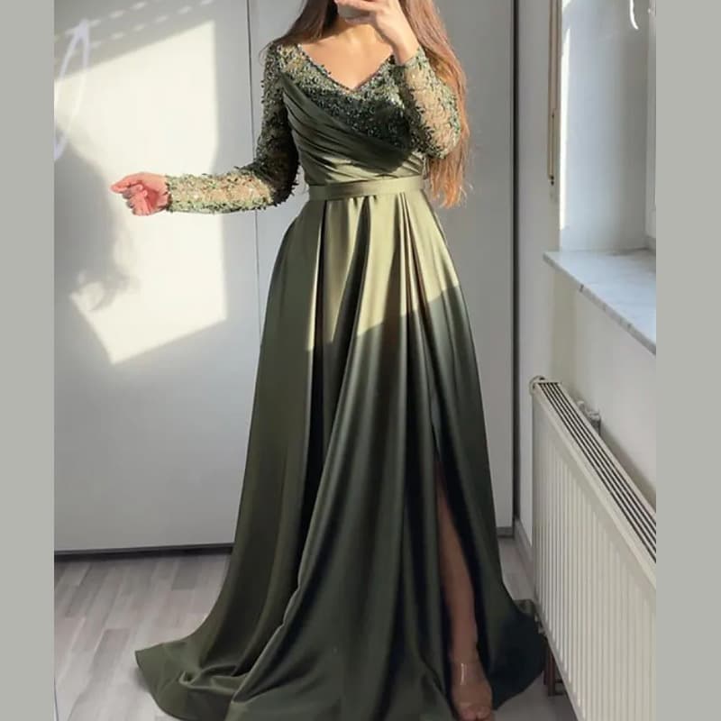 Women's Clothing Ruffled red black green mid-waist solid color lace dress evening gown