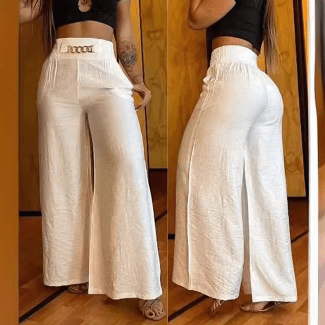 Women's Clothing solid color wide-leg high-waisted trousers, loose slimming metal bell-bottom pants