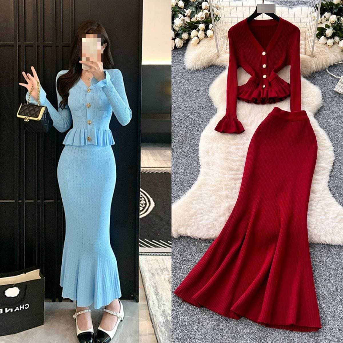 ​​French Style Autumn Winter Outfit Set: Flared Sleeve Knit Top & High Waist Fishtail Skirt For Women​​