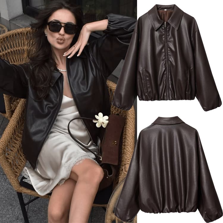 ​Faux Leather Jacket Women’s Long Sleeve – Stylish Oversized Bomber Coat, Wine Red PU Vegan Jacket For Streetwear & Fall Fashion​