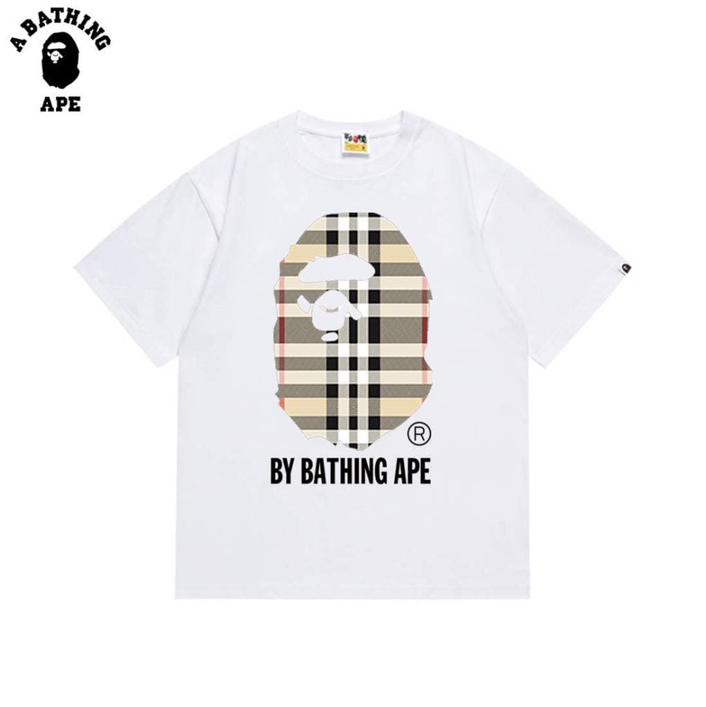 A BATHING APE BAPE&BB Checkered Striped Monkey Head Letter Print High-Quality Pure Cotton Short Sleeved Unisex-3