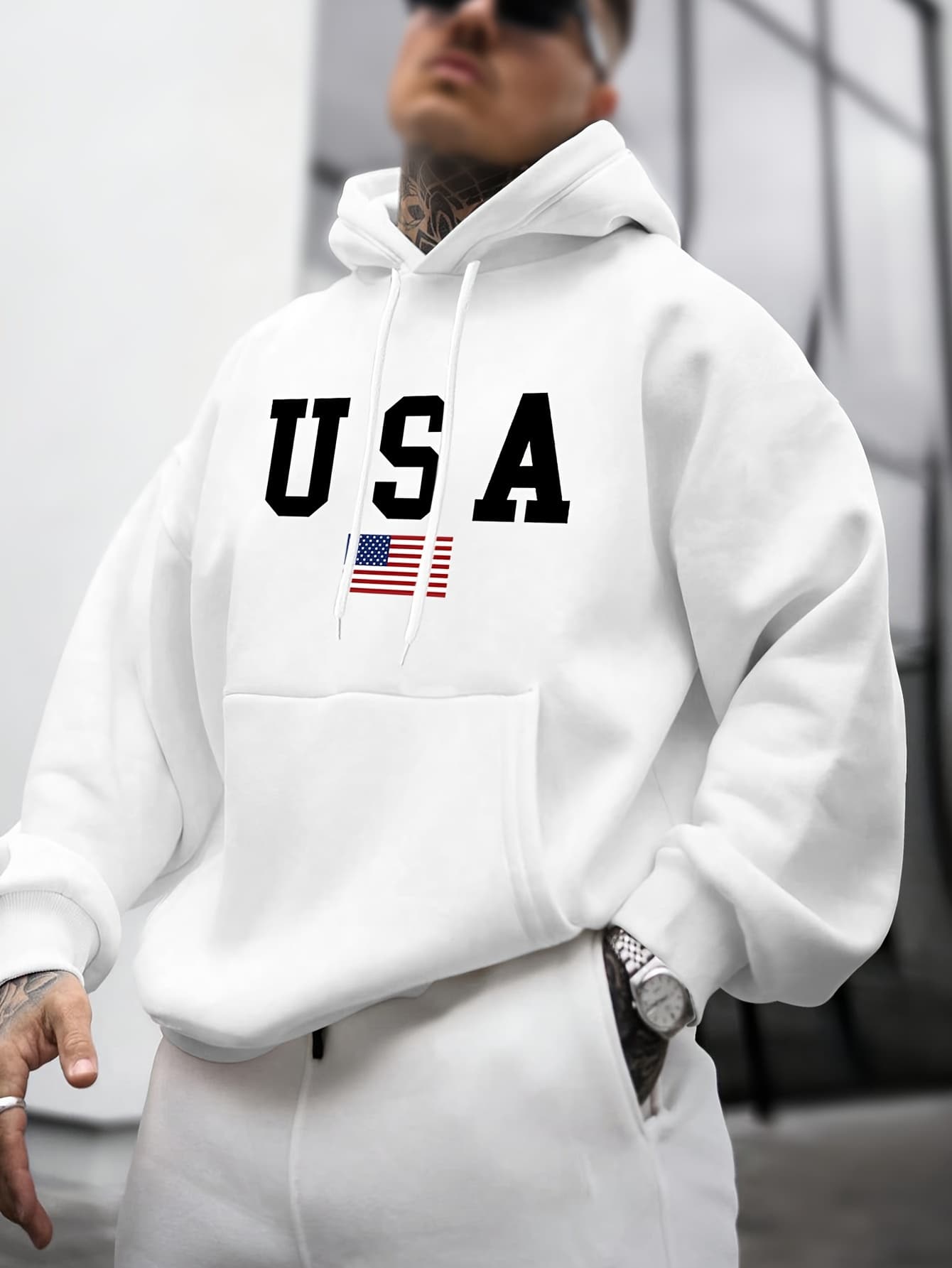 Men's Autumn And Winter Casual Fashion Loose Hooded Sweatshirt With American Flag USA Print Warm Long Sleeved Pullover