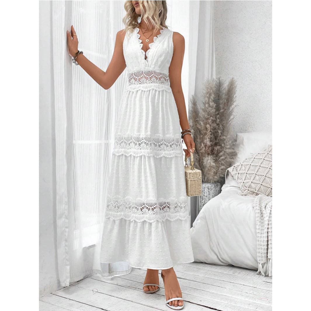 Women's Clothing Summer New VCAY Women's Lace Splicing V Neck Sleeveless Dress