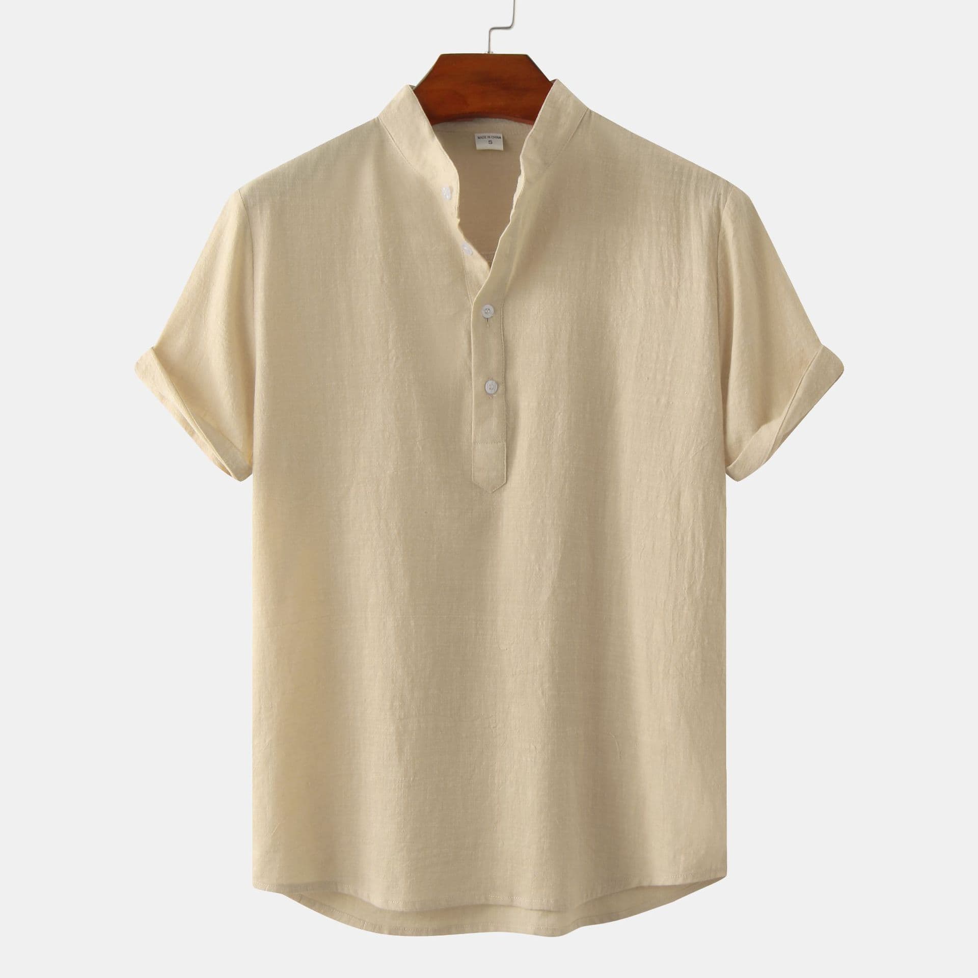 Men's Cotton Linen Stand Collar Casual Short Sleeve Shirt T-Shirt Shirt