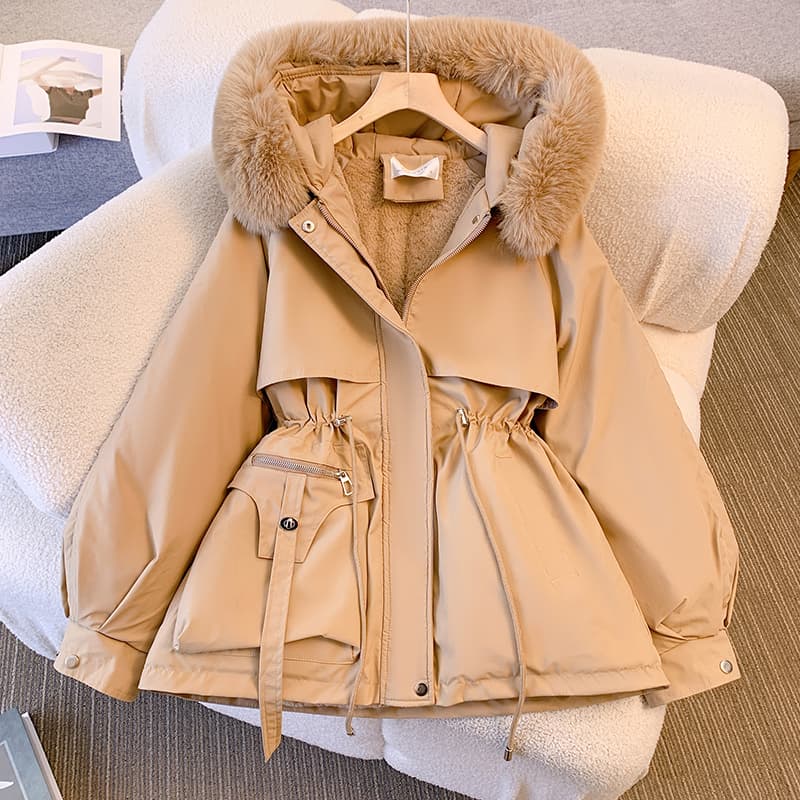 women's Mid Length Waist Cinching Slimming Hooded Big Fur Collar With Plush Cotton In Large Size
