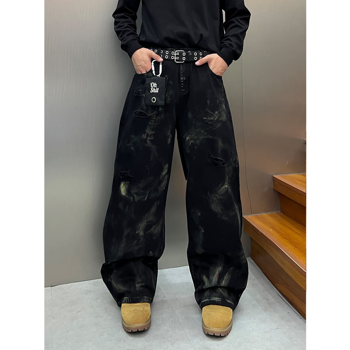 Streetwear Graffiti Jeans - Oversized Distressed Denim Pants With Paint Splatter & Washed Effect For Urban Fashion​