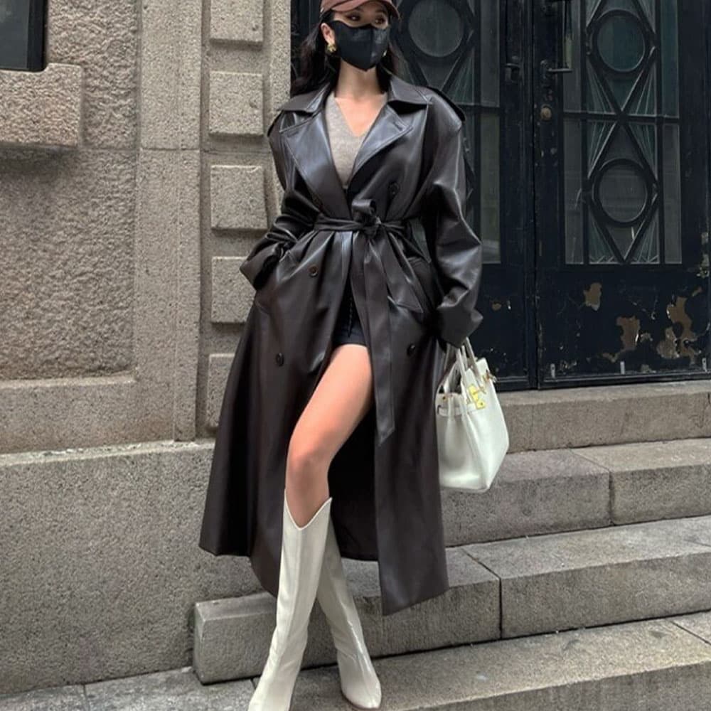 Women's fashion spring and autumn new loose leather trench coat