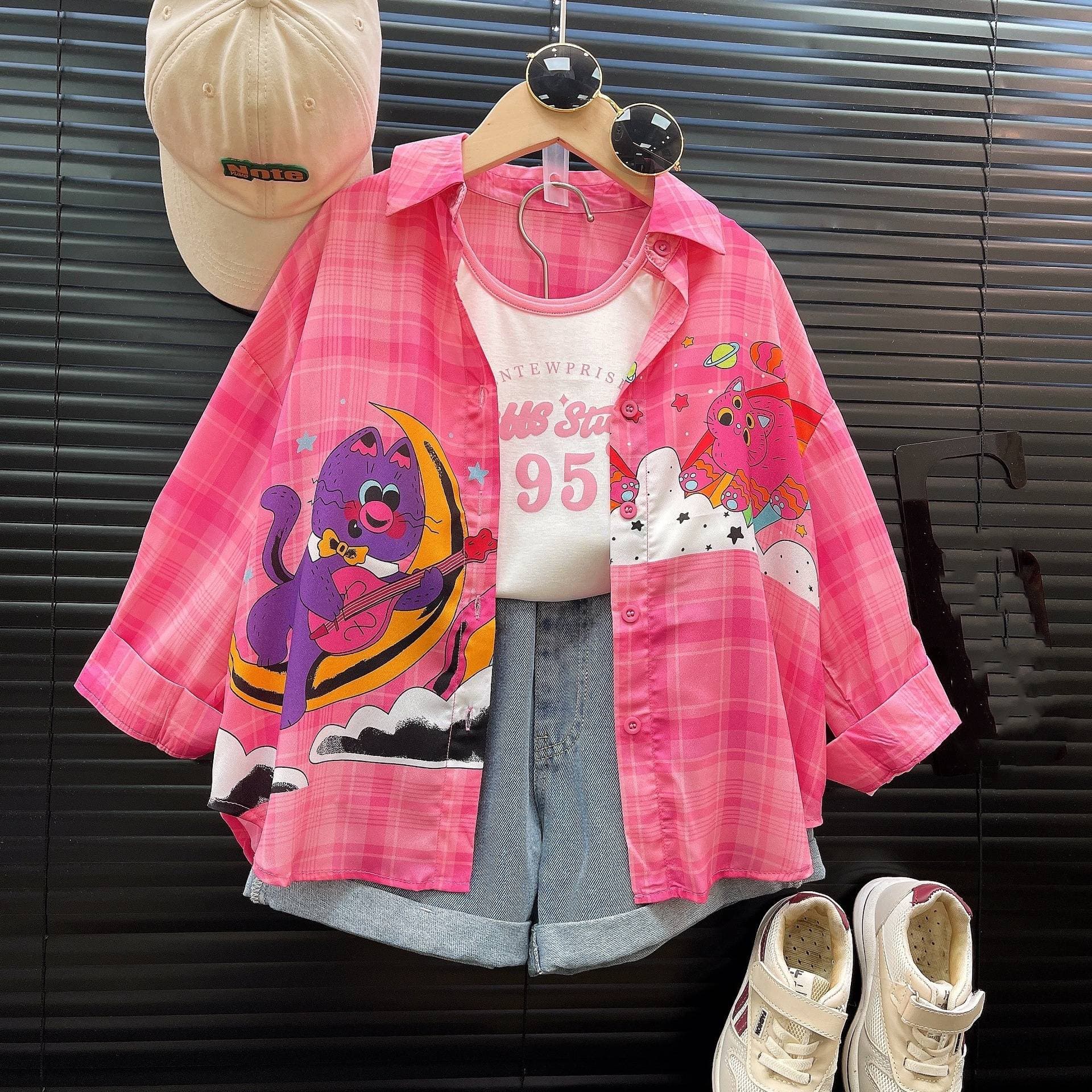 Kids Clothing fashion cartoon sun protection clothing plus vest denim shorts three piece set