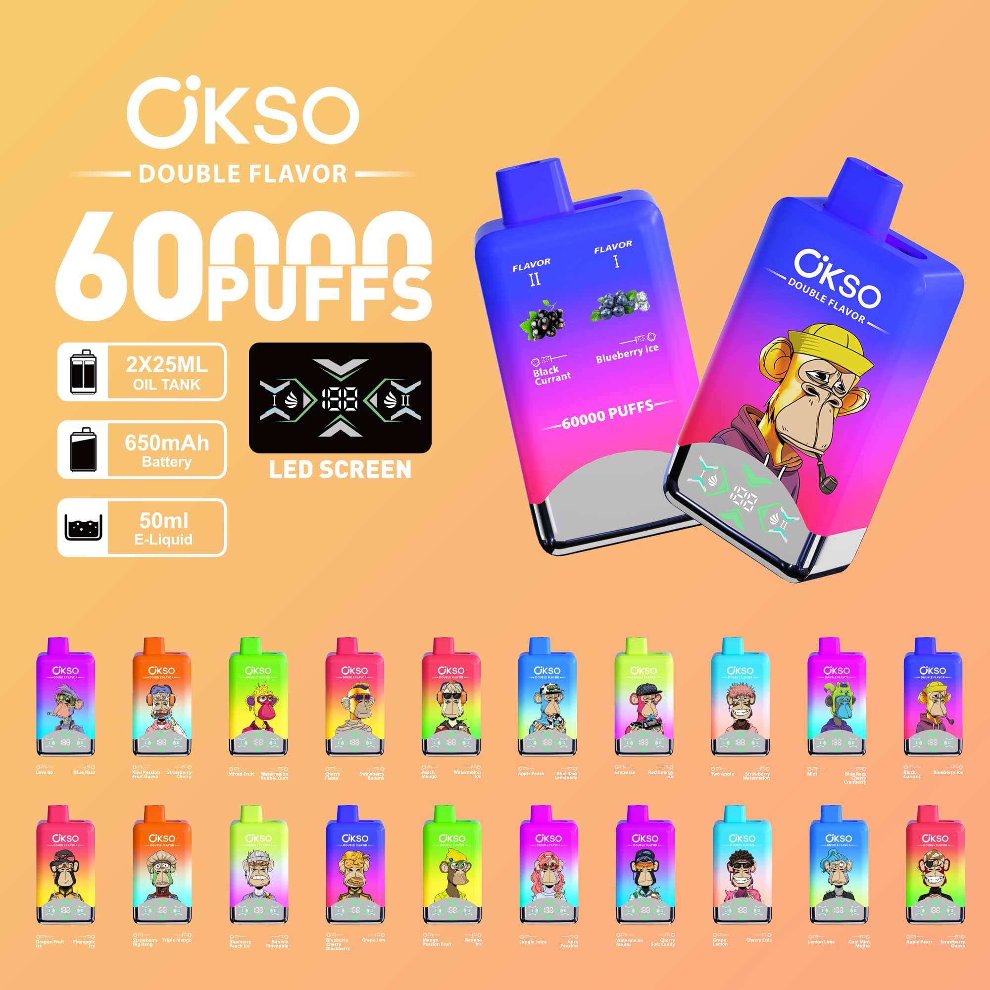Lot de 10 cigarettes électroniques jetables OKSO à double réservoir, saveurs mixtes, 60 000 bouffées, 60 000 bouffées, originales