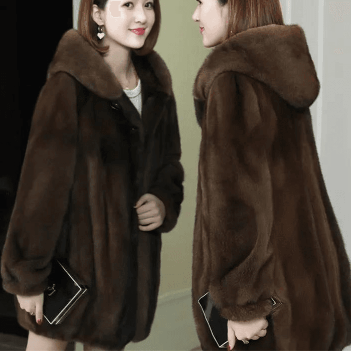 Women's Clothing Fur Coat Winter Mink Medium And Long Hooded Mink Coat