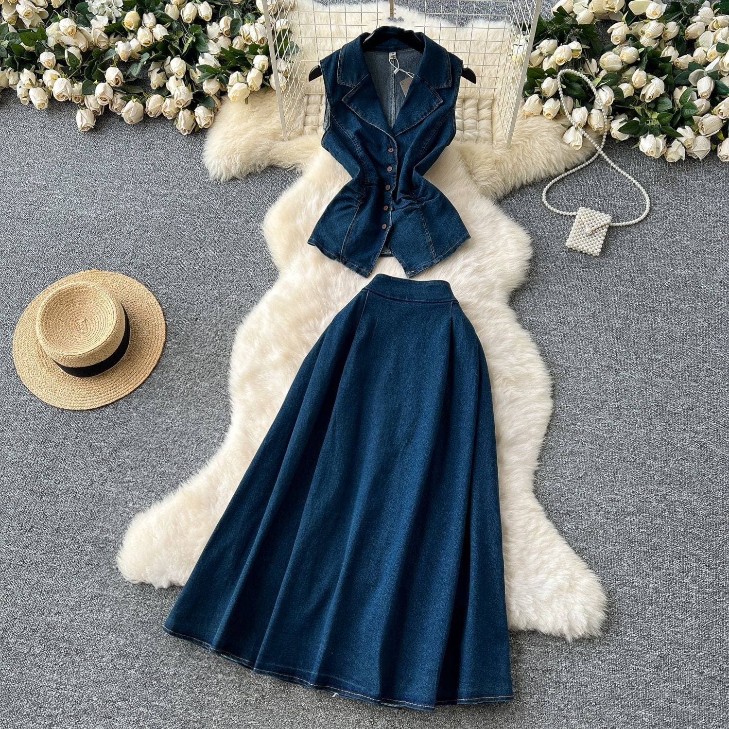 Women's Clothing Age Reducing Suit For Women In Summer, Light Mature Style, Pleated Waist, Lapel Sleeveless Denim Top + High Waist Skirt