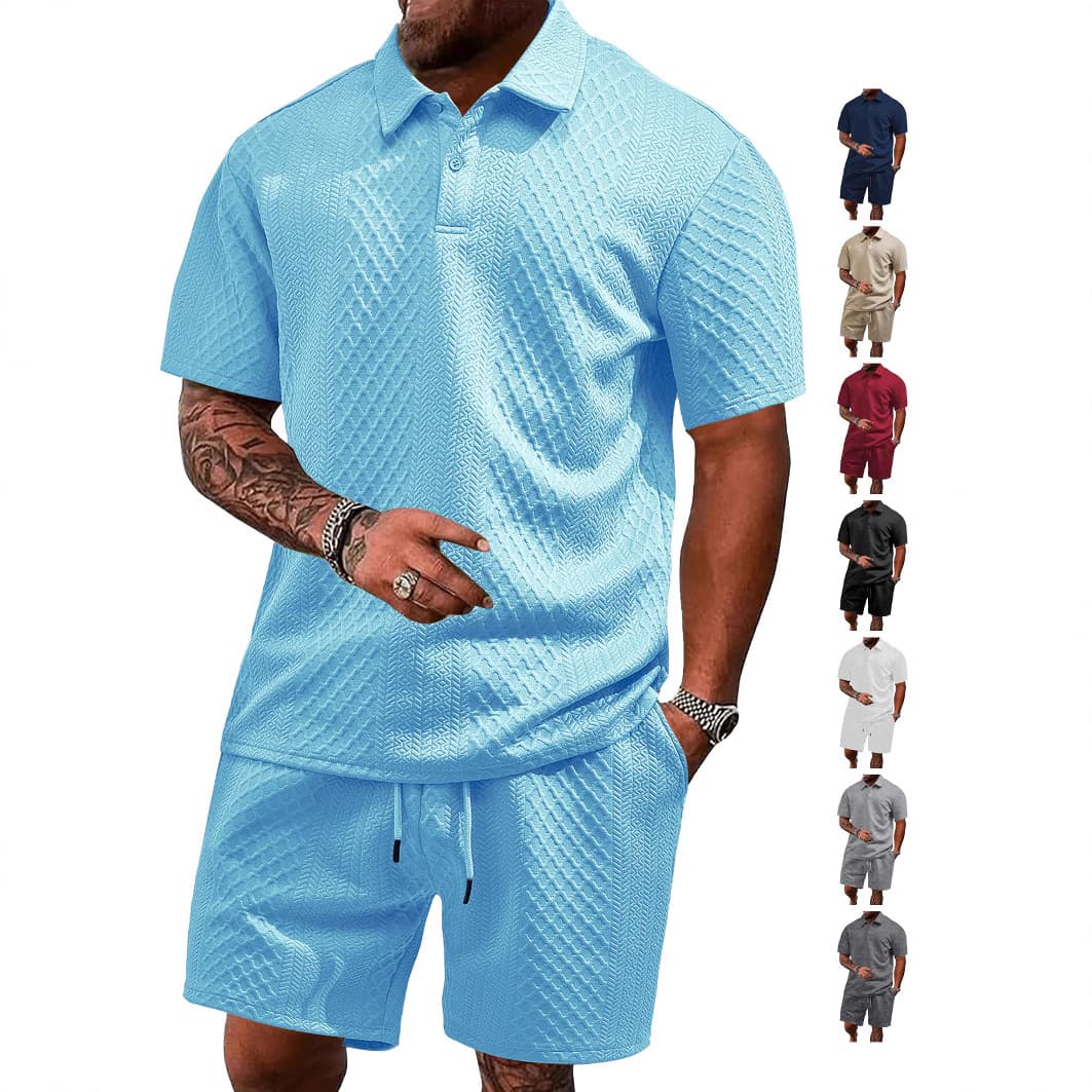 Summer New Jacquard Short Sleeved Shorts For Men's Casual Sports Collar Polo Set