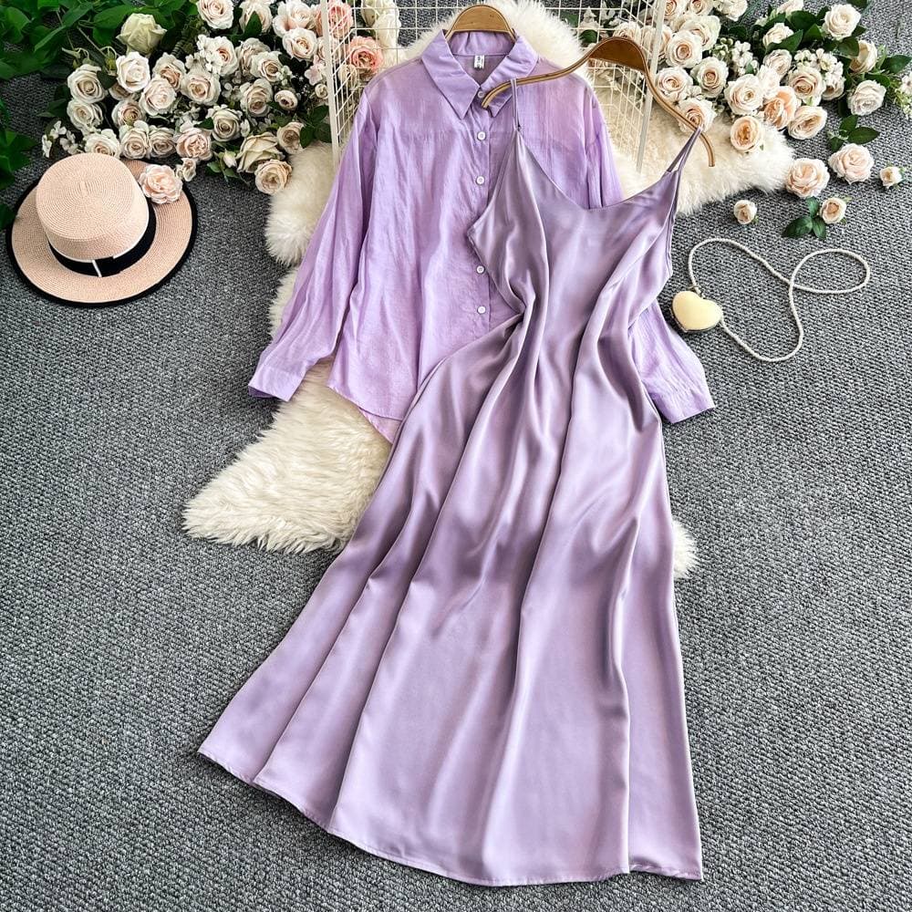 Women's Clothing Suit For Women Spring Long Sleeved Lapel Sun Protection Shirt Loose Slim Suspender Satin Dress