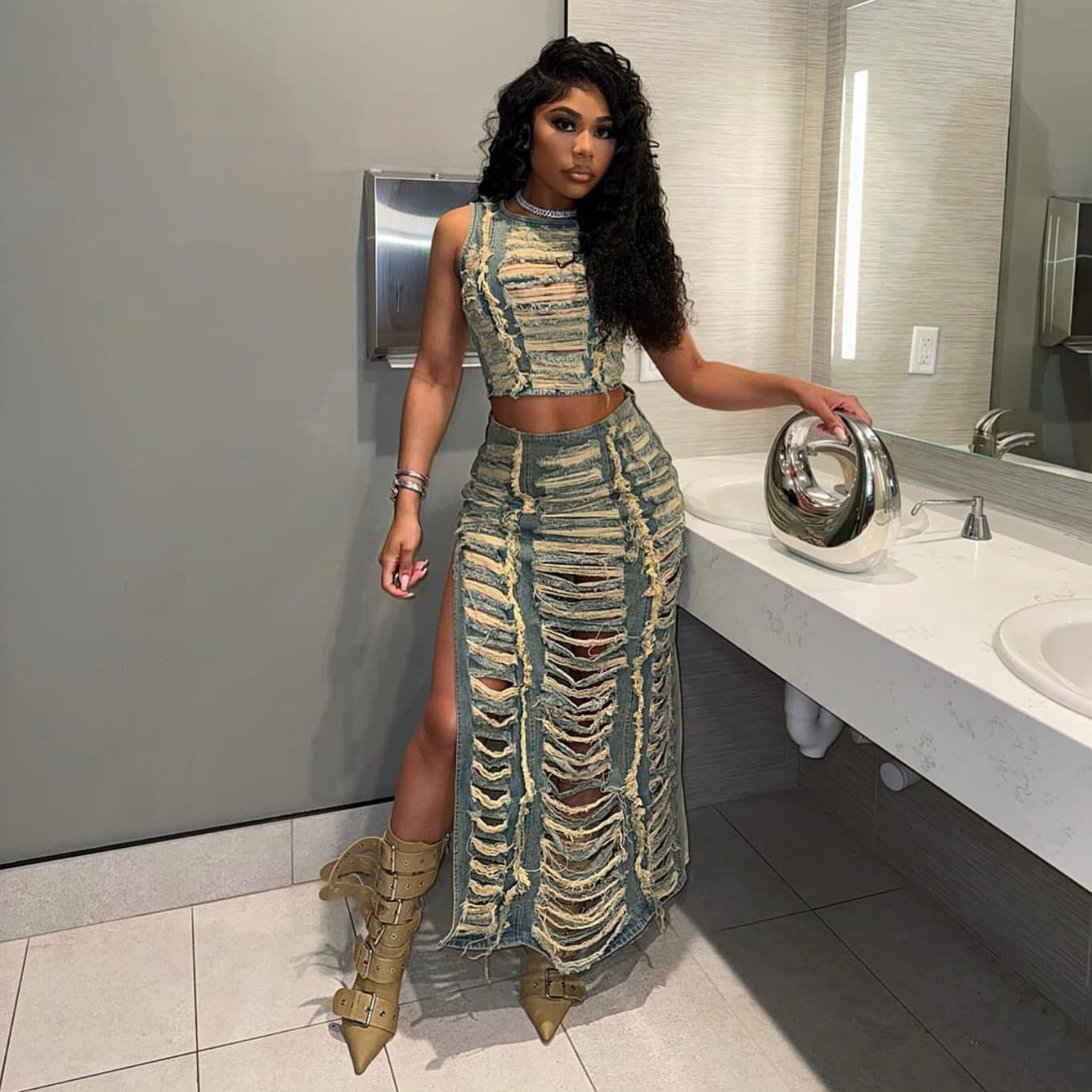 Women’s Clothing women's denim suits, cross border women's fashion, personalized hand worn vest, high slit denim skirt suit