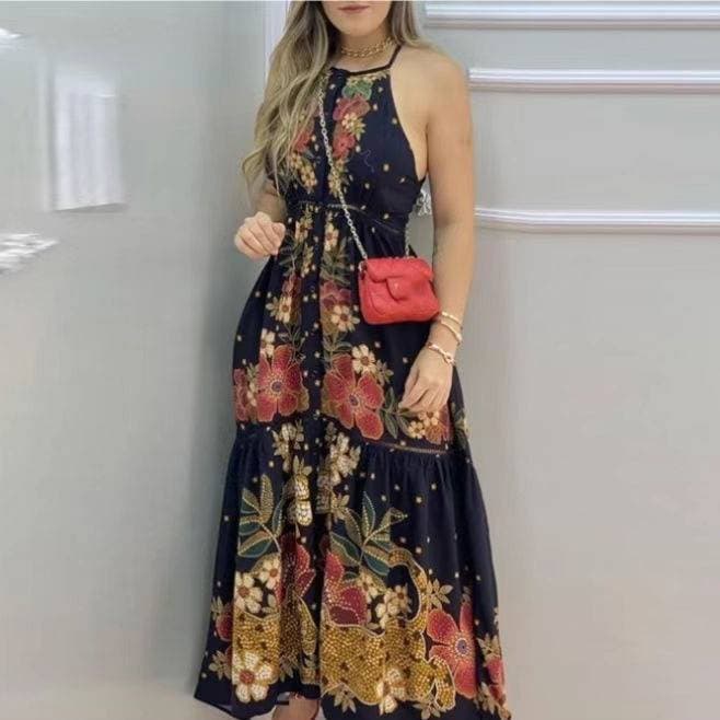 Women's Clothing Blue Floral Positioning Printed Suspender Skirt In Stock