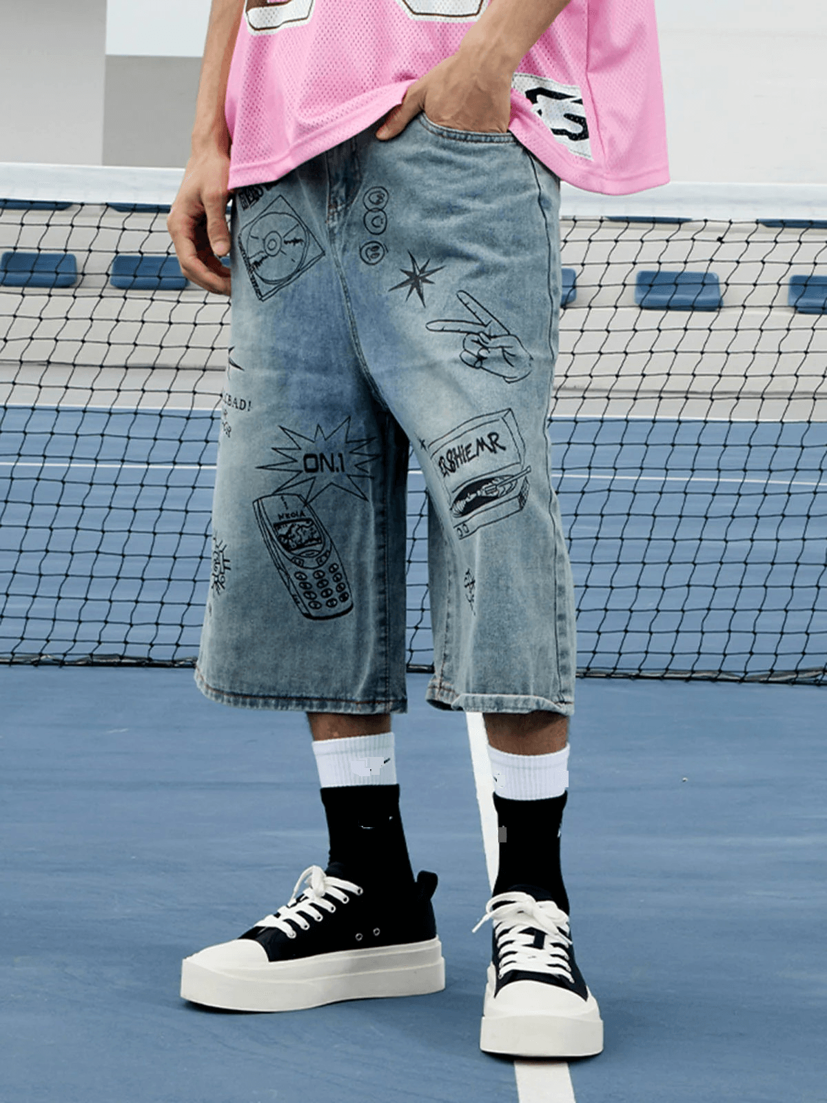 Men's Clothing Retro Graffiti Cropped Jeans Men's Street Trend High Waisted Wide Leg Shorts Couple