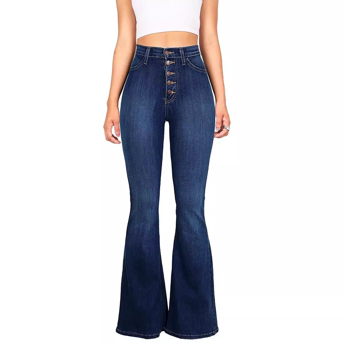 A large number of spot slim high-waisted buttocks denim bell-bottom pants for women