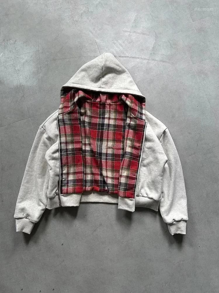Sweat à capuche tendance et décontracté gris oversize zippé, réversible, doublé à carreaux, pour hommes et femmes, style streetwear chaud