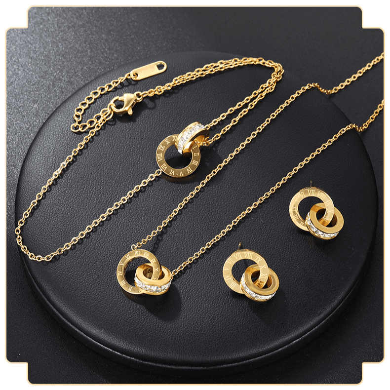 Fashion Roman micro diamond double ring bracelet simple light luxury niche design clavicle chain earrings set