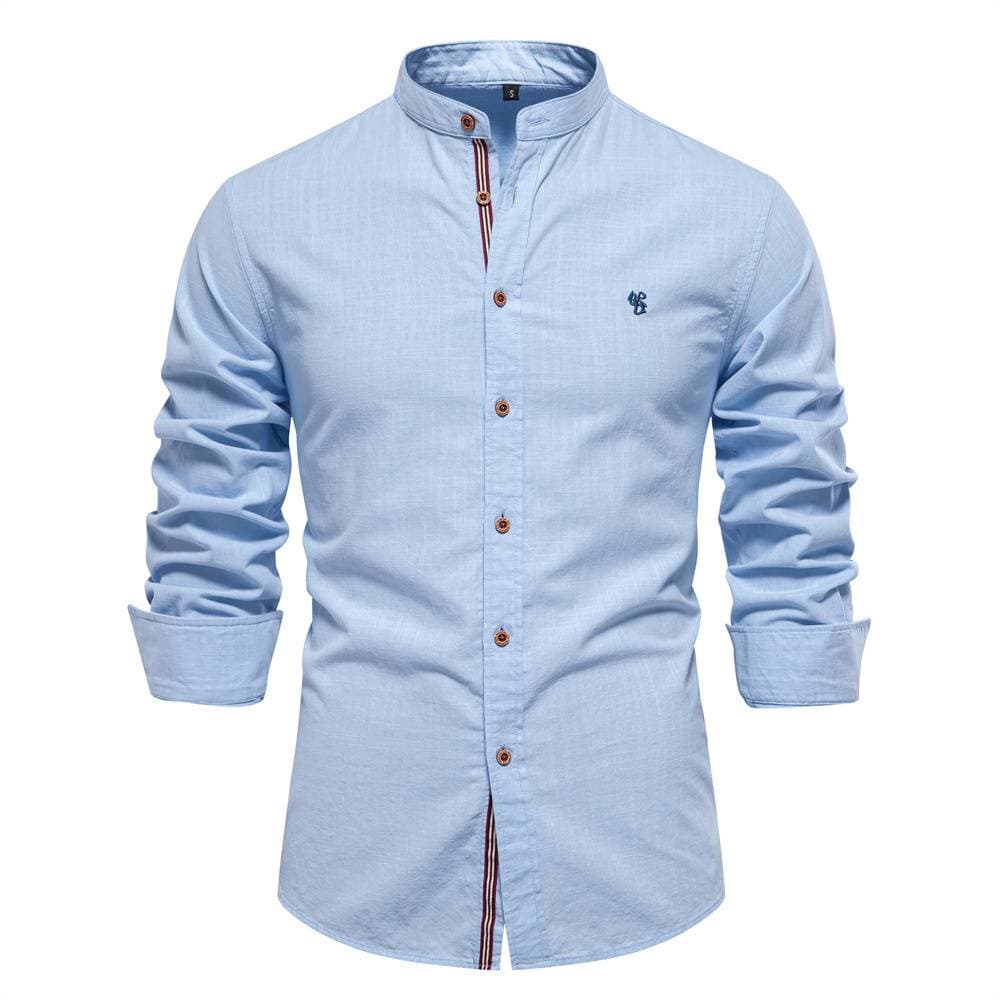 Spring 2025 Japanese Fashion Style Business Blouse Men's Stand Collar Embroidery Single-Breasted Long Sleeve Cotton Linen Shirt