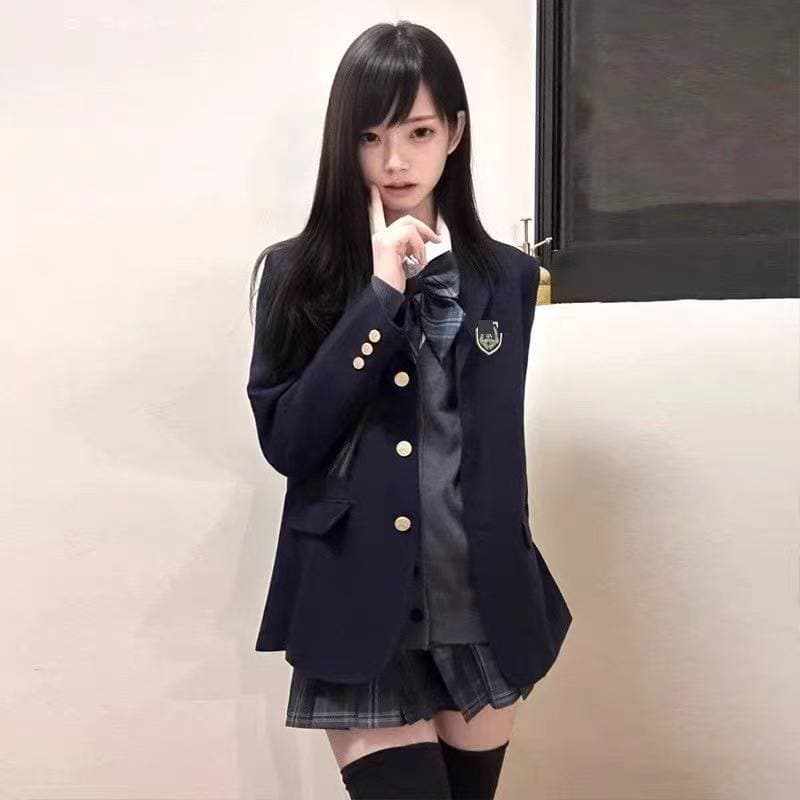 JK Japanese Uniform Female College Wind Three Buckles Original Grey Black Cyanotic Suit Jacket Day