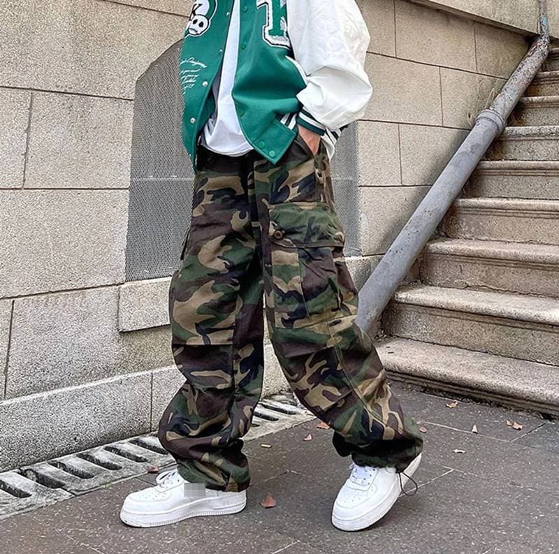 Men's Retro Hip Hop Camouflage Cargo Pants Slim Straight Leg Casual Mid Waist Polyester Bottoms Trendy American High Street