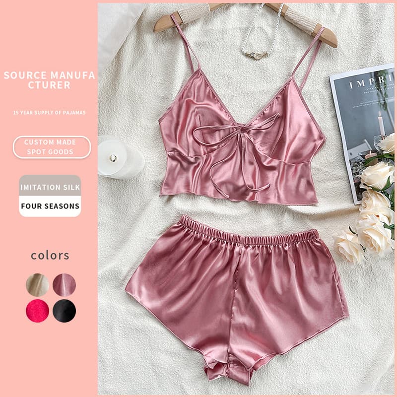 Women's Sleepwears New Silk Underwear Sexy Home Clothes Ice Silk Pajamas Ladies Suspenders Bellyband Shorts Suit