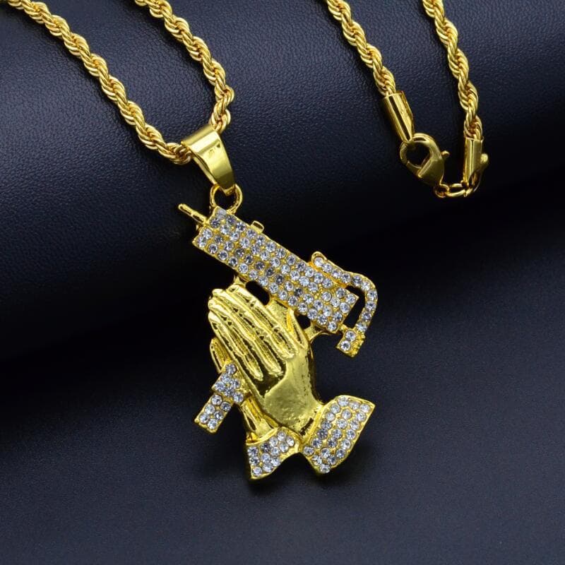 New Hip Hop Men's Prayer Hand Pistol Pendant Trendy Fashion Diamond Set Necklace K1170
