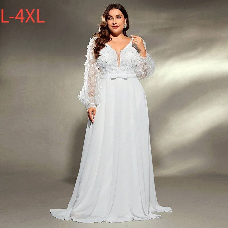 Elegant V-Neck Long Sleeve Evening Gown For Women – Plus Size Formal Dress For Wedding, Banquet & Party