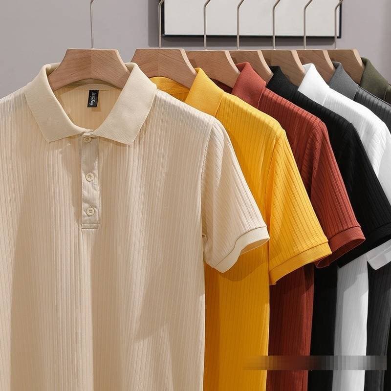 Men's Slim-Fit Polo Shirt – Summer Breathable Polyester, Striped & Solid Colors, Business Casual Short Sleeve (Black, White, Beige, More)​​