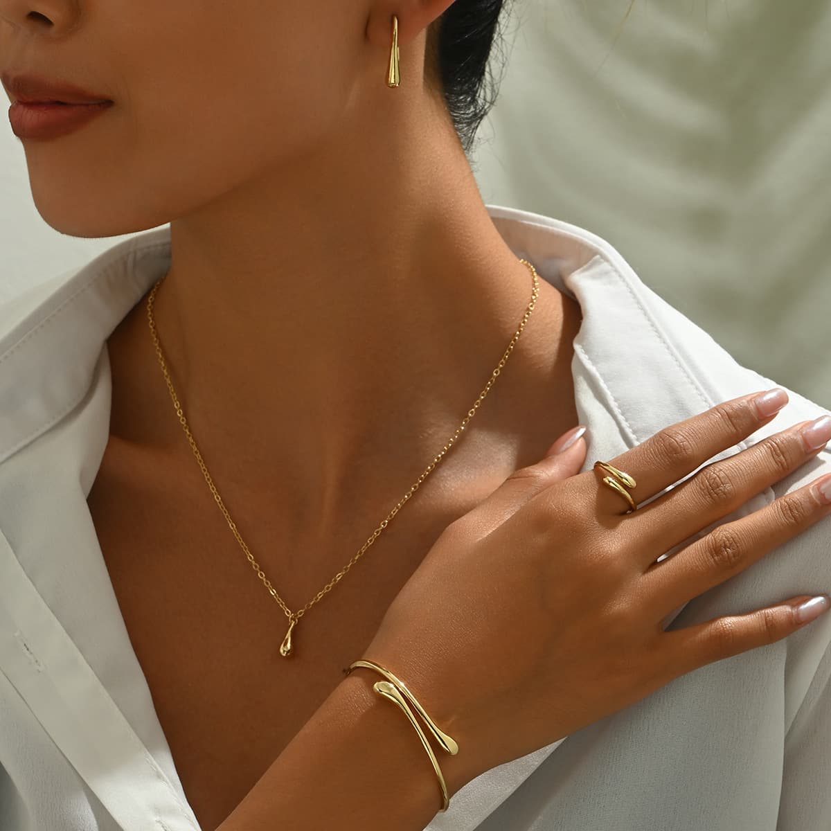 Women’s Jewelry Set Fashion Simple And Fresh Korean Earrings And Necklace Jewelry Set Water Drop Design Ring Personality Opening Adjustment Bracelet