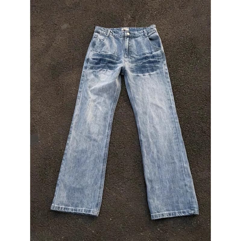 Light Blue Lightning Wash Jeans – Men’s Cleanfit Vintage Bootcut Denim (Curved Hem, Streetwear Style)