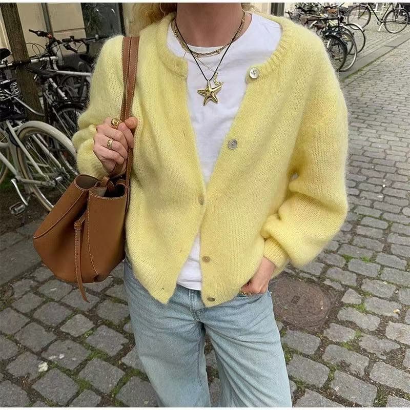​​"Women's Casual Long Sleeve Cardigan Sweater - Soft Knit Open Front Coat, Lightweight Loose Fit Round Neck, Solid Color Spring (Yellow/White ​​